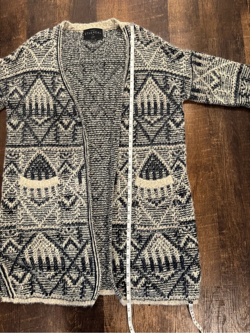 Ethereal cream and navy Aztec fuzzy cardigan with pockets - Picture 6 of 9